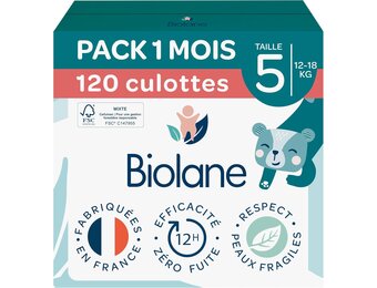 BIOLANE - Luiers - maat 5 (12-18 kg) - Geen lekken gedurende 12 uur - Verpakking 1 maand - 120 luiers - Milieuvriendelijk - Gemaakt in Frankrijk - Maat Taille 5 (120 Unité)