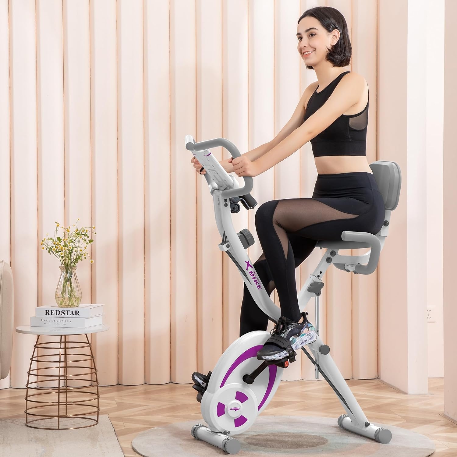 leikefitness Fietstrainer, inklapbaar, hometrainer, fitnessfiets, multifunctionele ergometer, fitnessapparaat, sportapparaat voor thuis, met 12-traps weerstand, hartslagmeter, trekkoord, voor cardio
