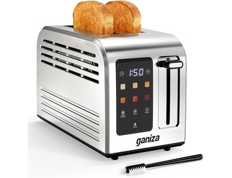 Ganiza broodrooster met 2 sleuven, roestvrij staal met touchscreen, 6 bruiningsstanden, digitale timer, functies voor ontdooien/opwarmen/annuleren, +/-10 s, kruimellade, 925W