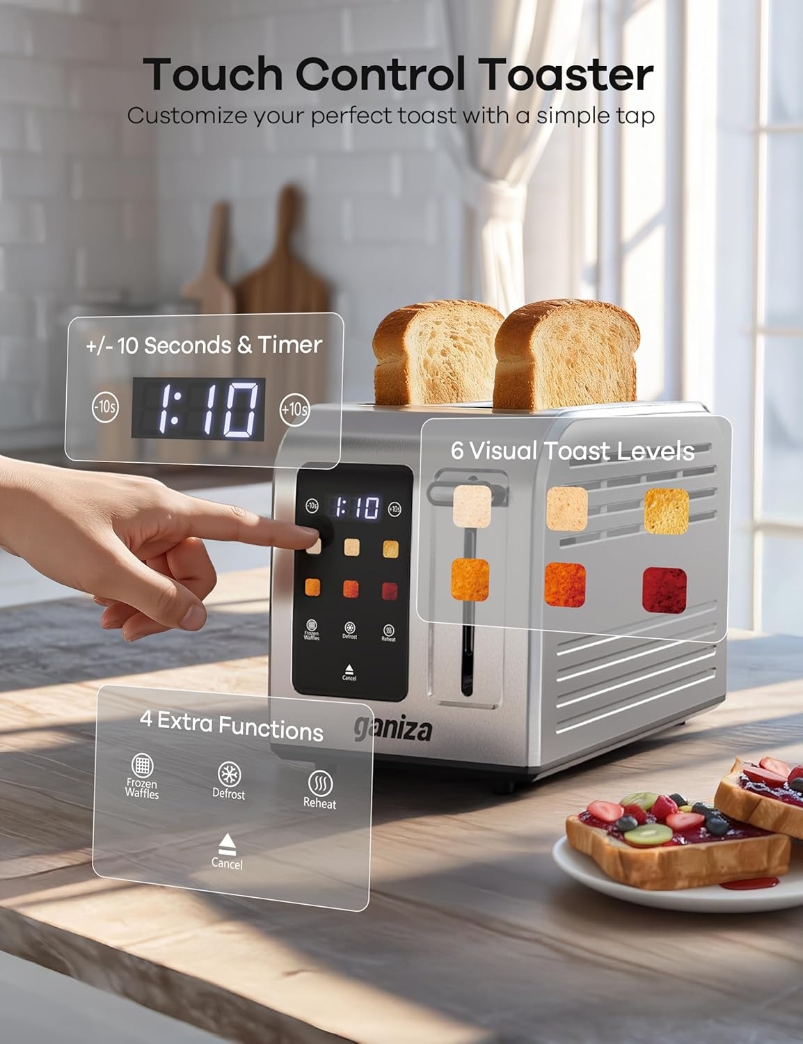 Ganiza broodrooster met 2 sleuven, roestvrij staal met touchscreen, 6 bruiningsstanden, digitale timer, functies voor ontdooien/opwarmen/annuleren, +/-10 s, kruimellade, 925W