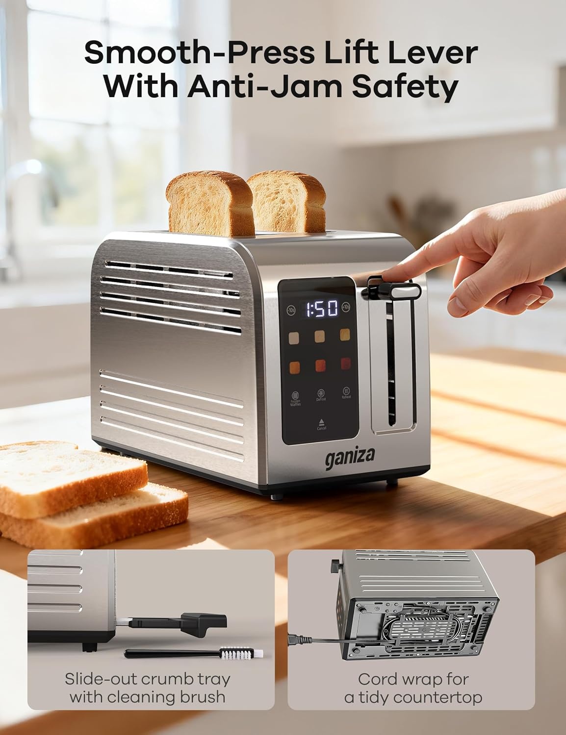 Ganiza broodrooster met 2 sleuven, roestvrij staal met touchscreen, 6 bruiningsstanden, digitale timer, functies voor ontdooien/opwarmen/annuleren, +/-10 s, kruimellade, 925W