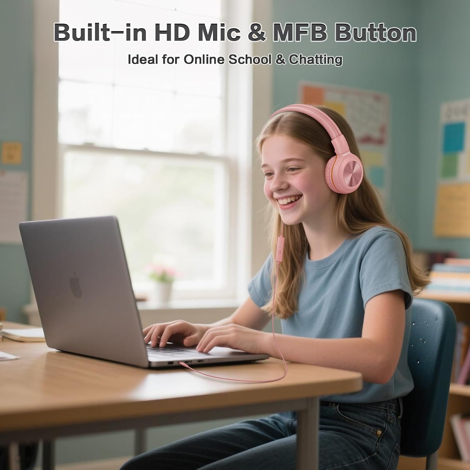 SIMOLIO 2-pack hoofdtelefoon bedraad met microfoon en volumeregeling, opvouwbare lichtgewicht headset over oor w/volume beperkt & Share Jack voor mobiele telefoons tabletten Smartphone PC tieners volwassen jeugd school reisgeschenk