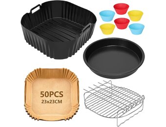 Heteluchtfriteuse accessoires, 23 cm, accessoires voor Airfryer, XXL voor Cosori 6L, 6,2L, 6,4L, Russell Hobbs 8L, Air Fryer accessoires met siliconen vorm, grillrooster, pizzapan, bakpapier
