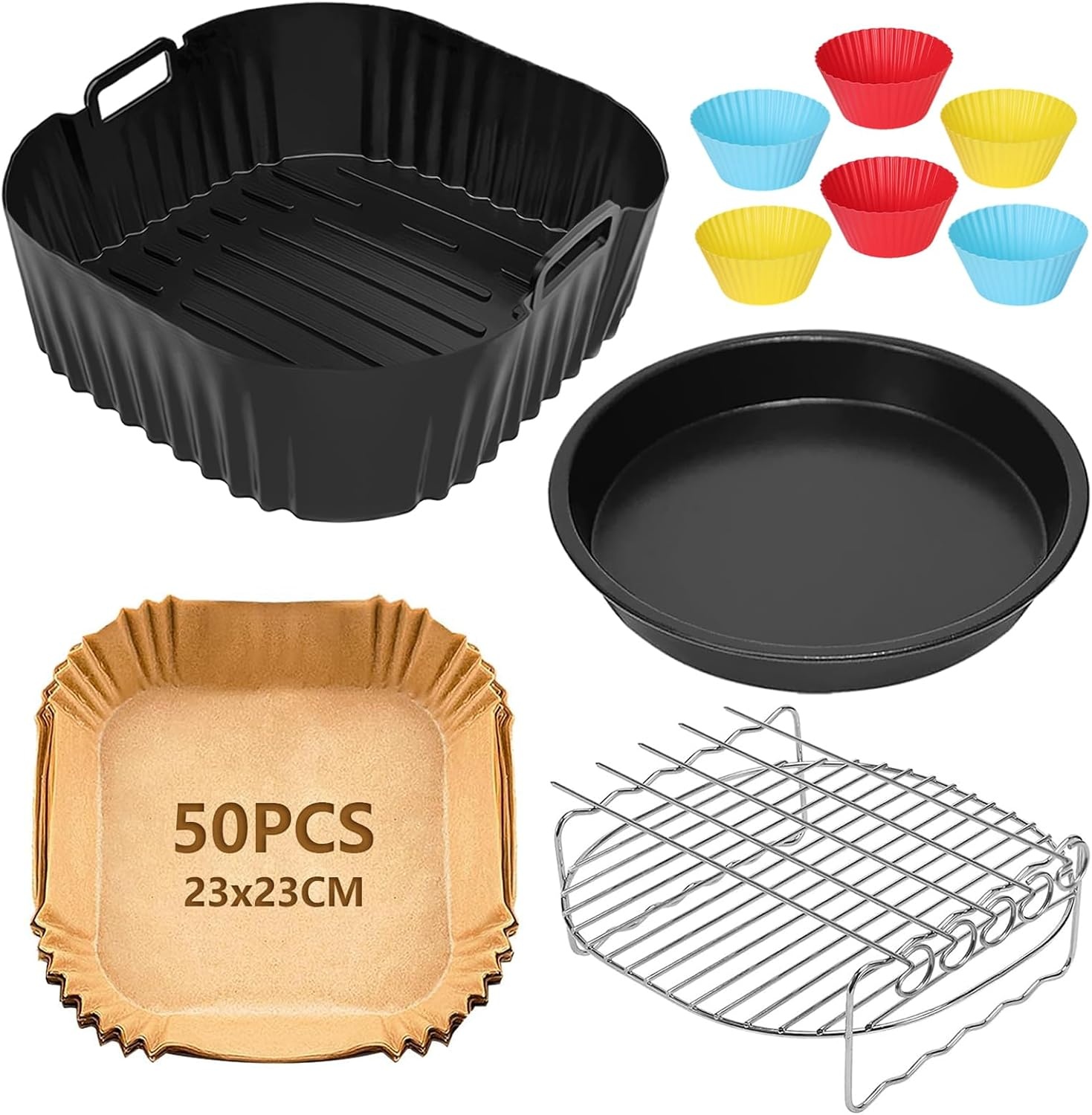 Heteluchtfriteuse accessoires, 23 cm, accessoires voor Airfryer, XXL voor Cosori 6L, 6,2L, 6,4L, Russell Hobbs 8L, Air Fryer accessoires met siliconen vorm, grillrooster, pizzapan, bakpapier