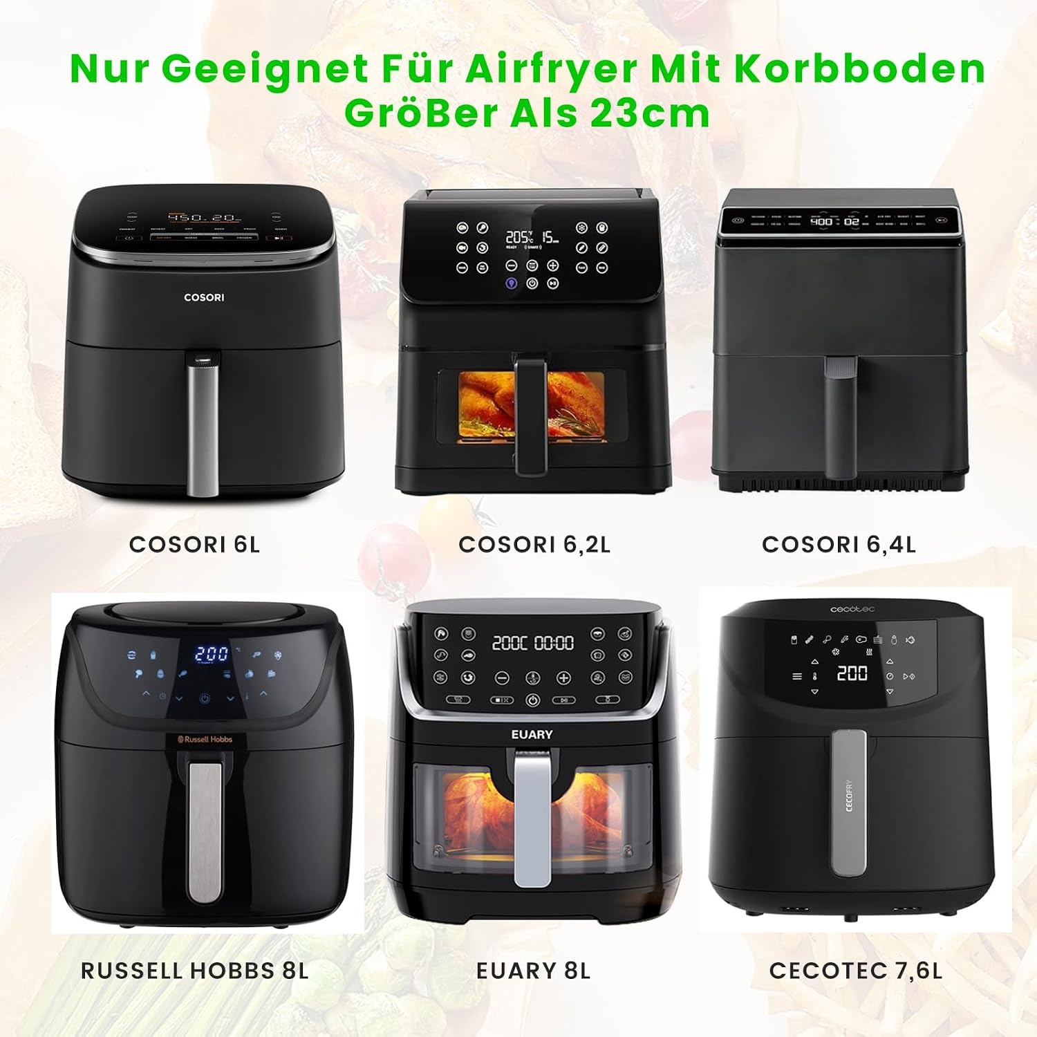 Heteluchtfriteuse accessoires, 23 cm, accessoires voor Airfryer, XXL voor Cosori 6L, 6,2L, 6,4L, Russell Hobbs 8L, Air Fryer accessoires met siliconen vorm, grillrooster, pizzapan, bakpapier