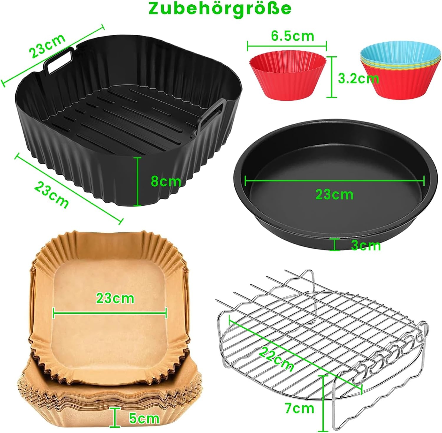 Heteluchtfriteuse accessoires, 23 cm, accessoires voor Airfryer, XXL voor Cosori 6L, 6,2L, 6,4L, Russell Hobbs 8L, Air Fryer accessoires met siliconen vorm, grillrooster, pizzapan, bakpapier