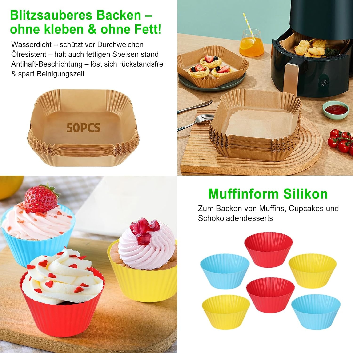 Heteluchtfriteuse accessoires, 23 cm, accessoires voor Airfryer, XXL voor Cosori 6L, 6,2L, 6,4L, Russell Hobbs 8L, Air Fryer accessoires met siliconen vorm, grillrooster, pizzapan, bakpapier