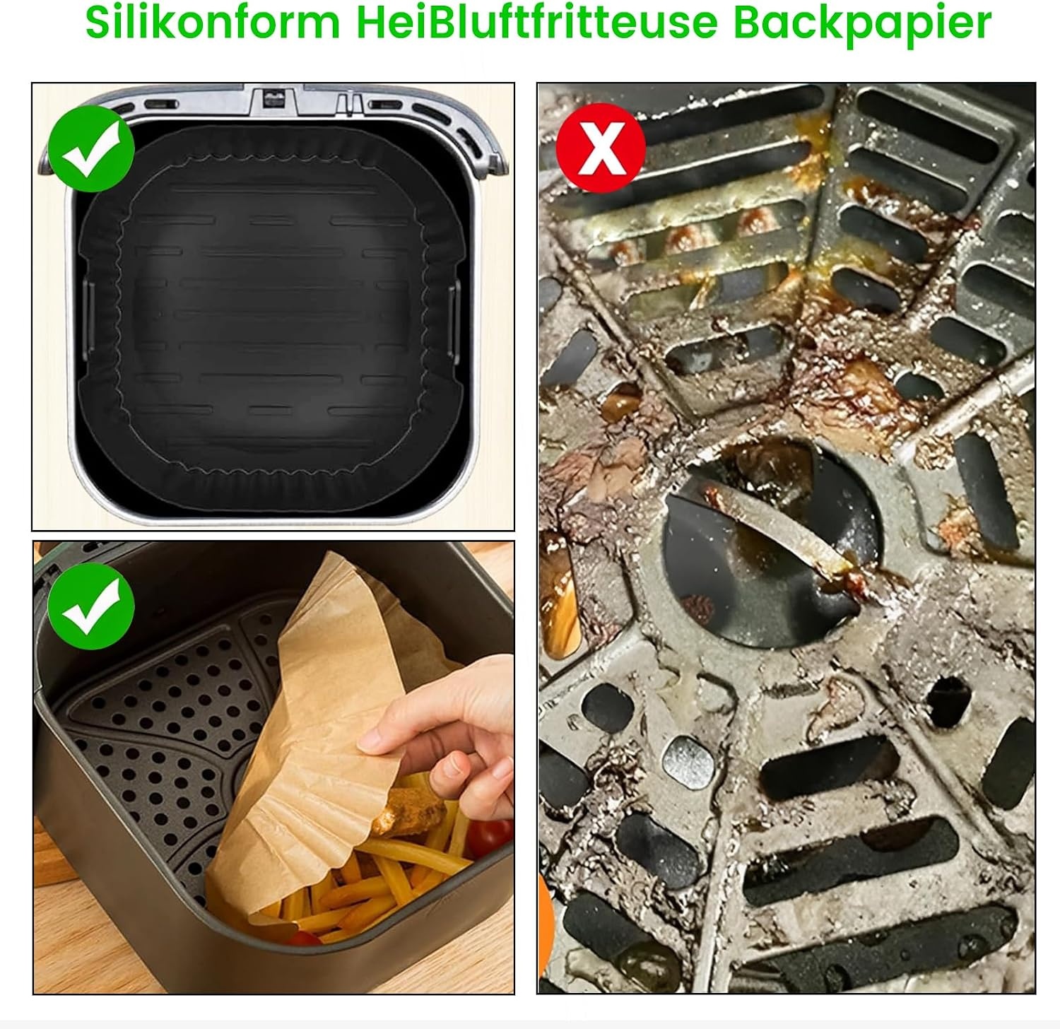 Heteluchtfriteuse accessoires, 23 cm, accessoires voor Airfryer, XXL voor Cosori 6L, 6,2L, 6,4L, Russell Hobbs 8L, Air Fryer accessoires met siliconen vorm, grillrooster, pizzapan, bakpapier
