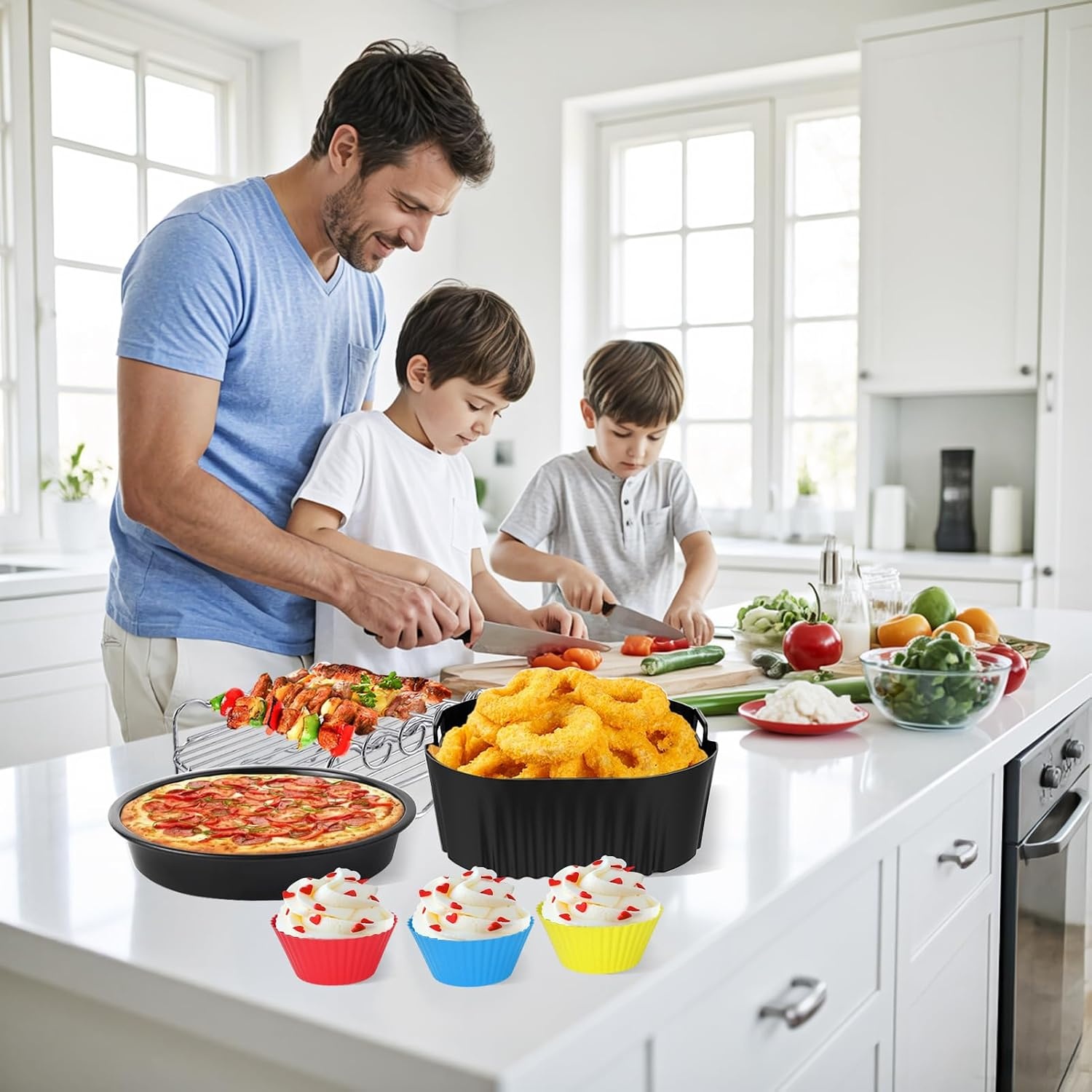 Heteluchtfriteuse accessoires, 23 cm, accessoires voor Airfryer, XXL voor Cosori 6L, 6,2L, 6,4L, Russell Hobbs 8L, Air Fryer accessoires met siliconen vorm, grillrooster, pizzapan, bakpapier