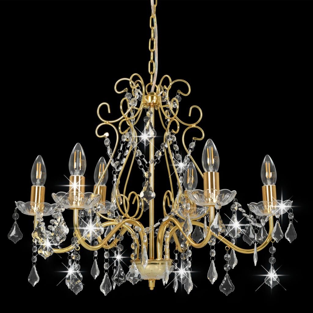 Gouden Kroonluchter met Kristallen Kralen, 6xE14 fitting - 34% Korting