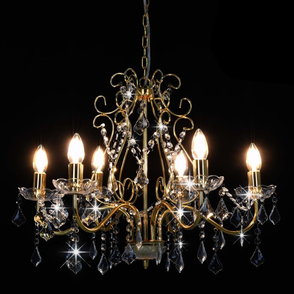 Gouden Kroonluchter met Kristallen Kralen, 6xE14 fitting - 34% Korting