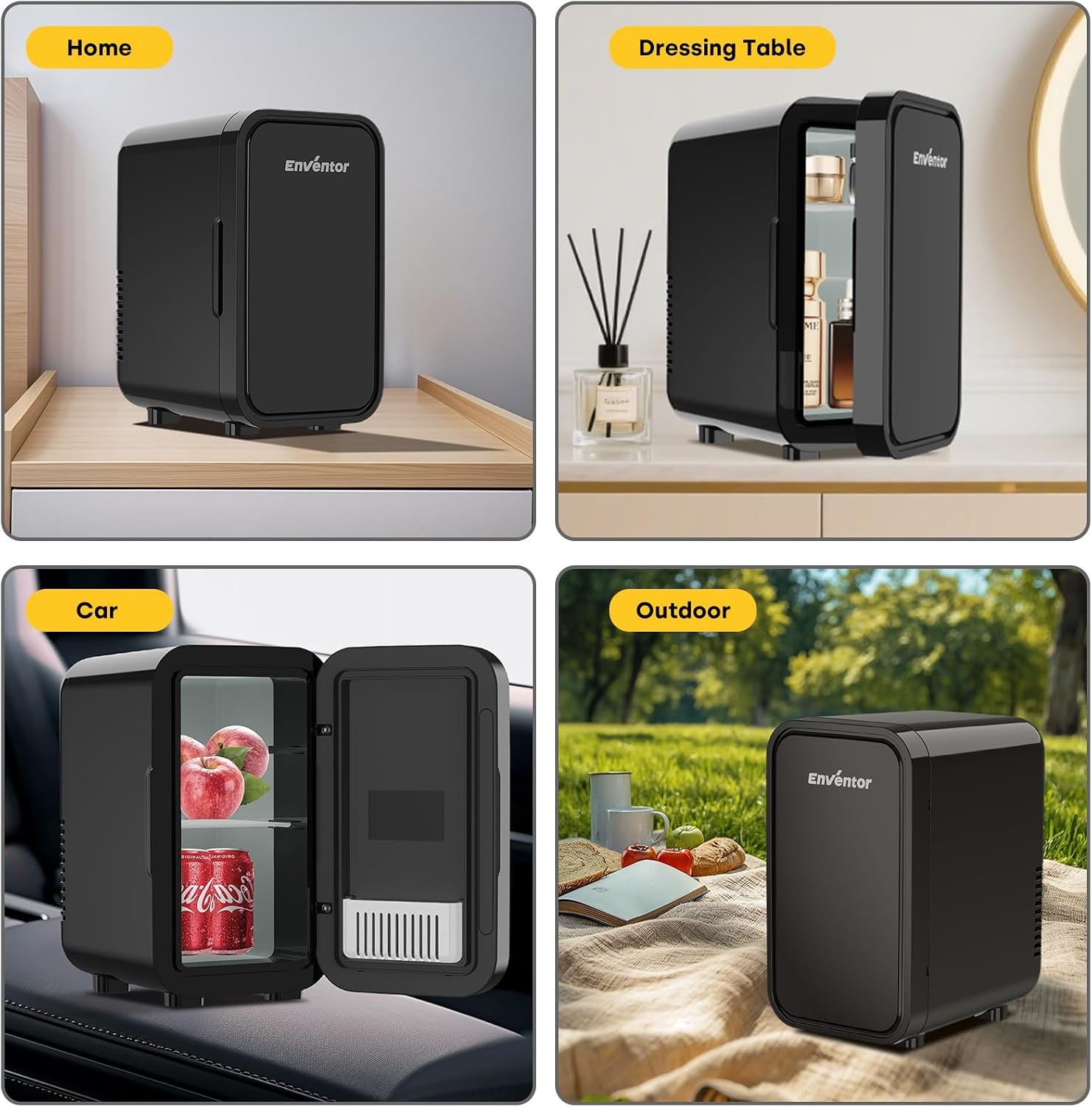 Enventor Minikoelkast 6 liter / 8 blikjes, AC + 12V DC-voeding, draagbare koeler en warmer, kleine koelkast voor slaapkamers, auto, huidverzorging, fruit en dranken, zwart