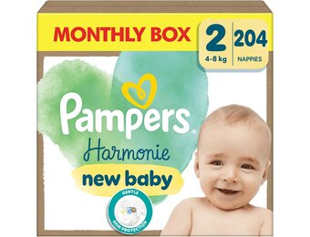 Pampers Harmonie Luiers Maat 2, 204 Luiers, 4kg-8kg, Zachte Bescherming voor de Huid met 100% Droogheid Van Pampers, Maandbox - Maat Maat 2