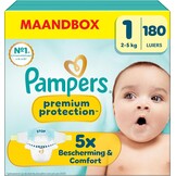 Pampers Premium Protection Maat 1, 180 Luiers, 2kg-5kg, Dubbele Bescherming voor de Huid en Tegen Lekken - Maat Maat 1 (180 Stuk)