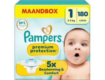 Pampers Premium Protection Maat 1, 180 Luiers, 2kg-5kg, Dubbele Bescherming voor de Huid en Tegen Lekken - Maat Maat 1 (180 Stuk)