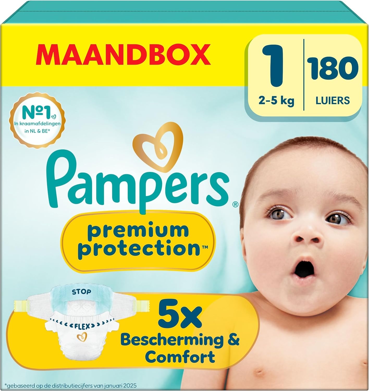 Pampers Premium Protection Maat 1, 180 Luiers, 2kg-5kg, Dubbele Bescherming voor de Huid en Tegen Lekken - Maat Maat 1 (180 Stuk)
