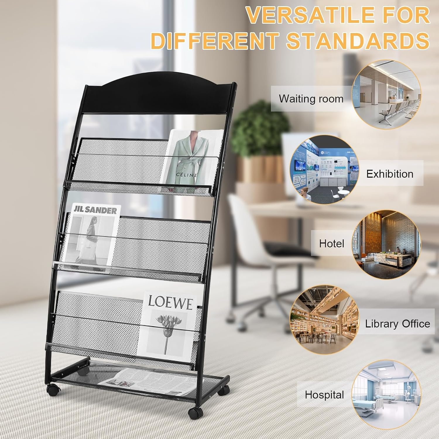 Schwarz zeitschriftenständer prospektständer bücherständer zeitungsständer,3 sheets A4 width Literaturständer flyerständer magazine rack zeitungsständermit Universalrädern (Biegen)