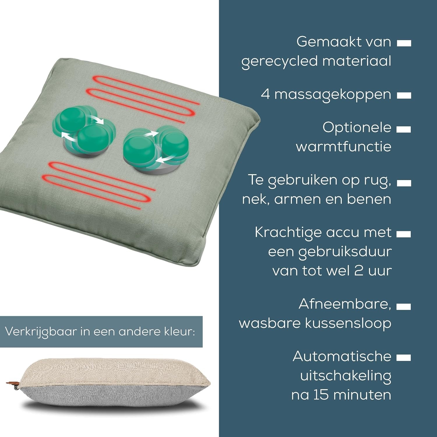Beurer MG 139 Accu-massagekussen met warmtefunctie, draadloos Shiatsu-massagekussen, inschakelbare warmte, gemaakt van gerecycled materiaal, machinewasbaar, automatische uitschakeling, 40 x 40 cm,
