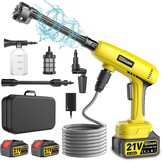 Accu-hogedrukreiniger, 60 bar, mobiele hogedruk-waterpistool met 2 accu's van 4000 mAh, multifunctionele 6-in-1-sproeier, 180° draaibare sproeier, slang van 5 m, filterboiler
