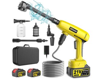Accu-hogedrukreiniger, 60 bar, mobiele hogedruk-waterpistool met 2 accu's van 4000 mAh, multifunctionele 6-in-1-sproeier, 180° draaibare sproeier, slang van 5 m, filterboiler