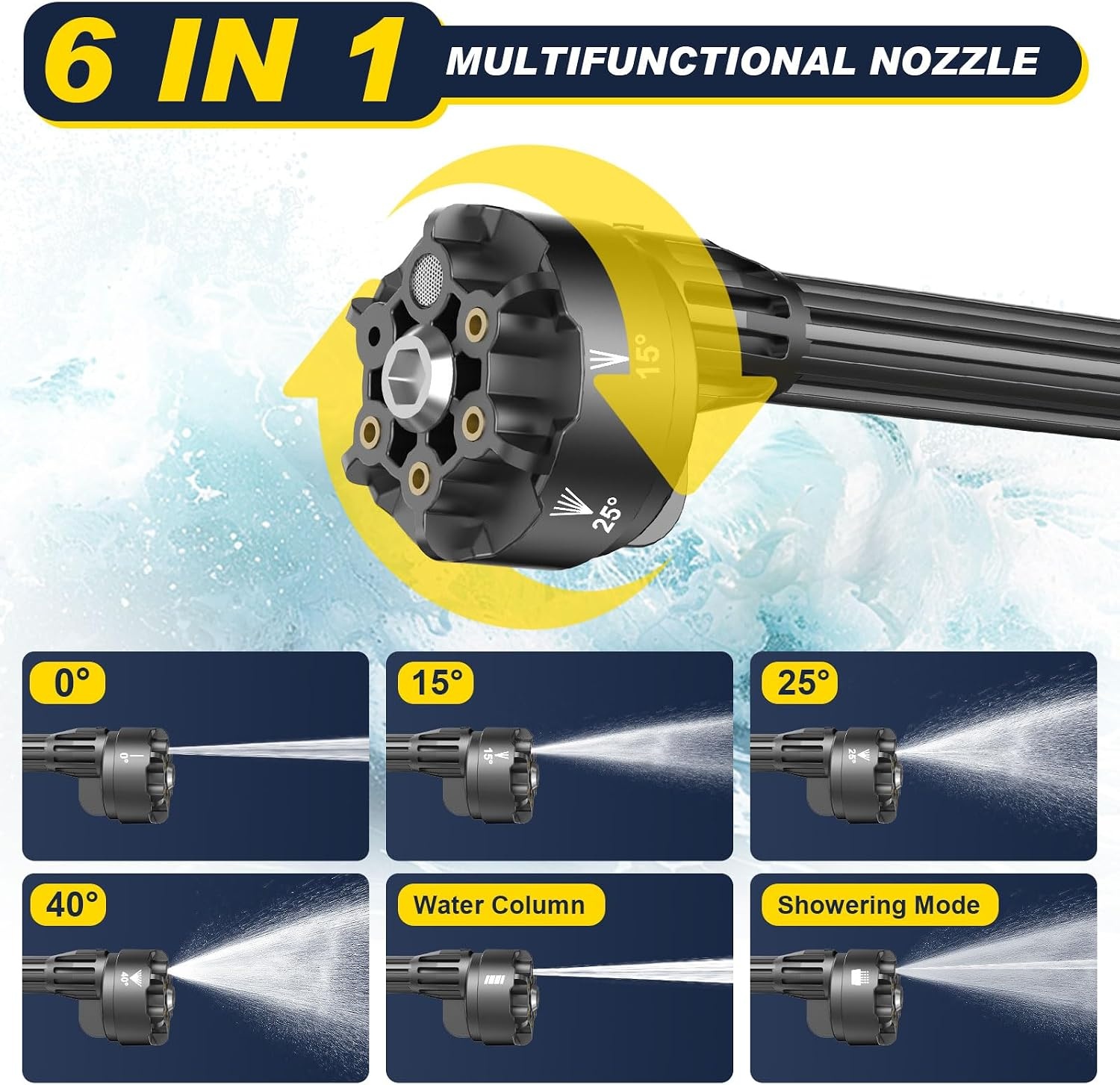 Accu-hogedrukreiniger, 60 bar, mobiele hogedruk-waterpistool met 2 accu's van 4000 mAh, multifunctionele 6-in-1-sproeier, 180° draaibare sproeier, slang van 5 m, filterboiler
