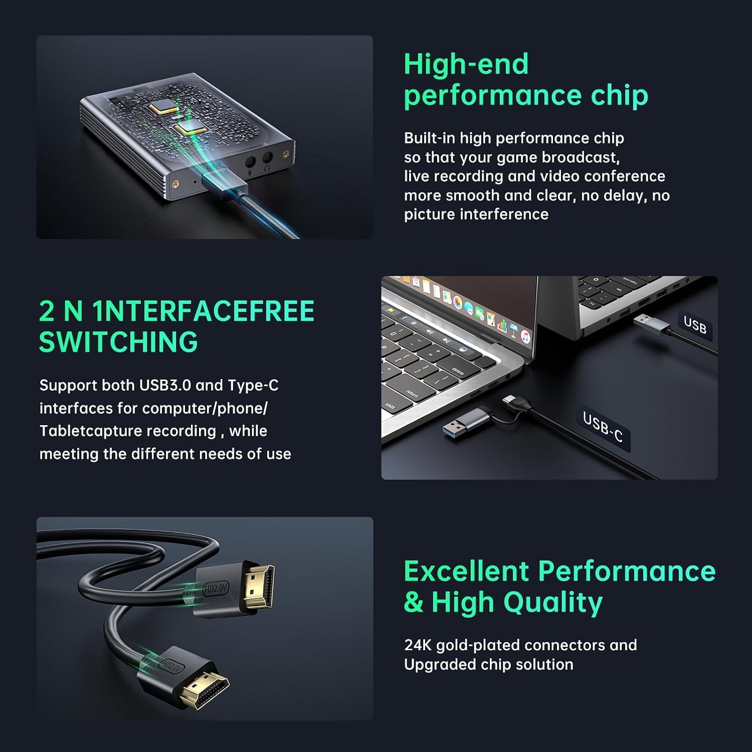 Video Capture Card, Audio Video Capture Card, USB 3.0 Capture Card 4K HDMI Loop-Out, 1080P 60FPS/2K 30FPS videospel-capture voor streaming, werkt voor PS5/Switch/camera/PC/OBS