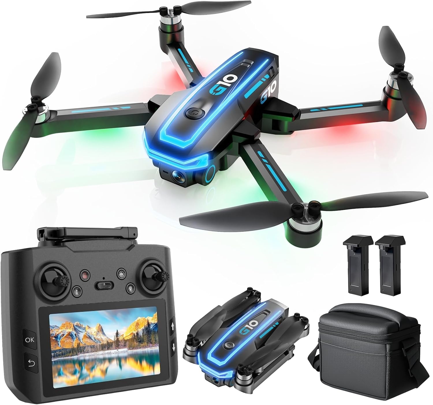 G10 GPS drone with professional camera, 4K EIS (radio control with display), 45 minutes flight time, maximum transmission 600 meters, subject tracking, automatic return, FPV quadcopter for