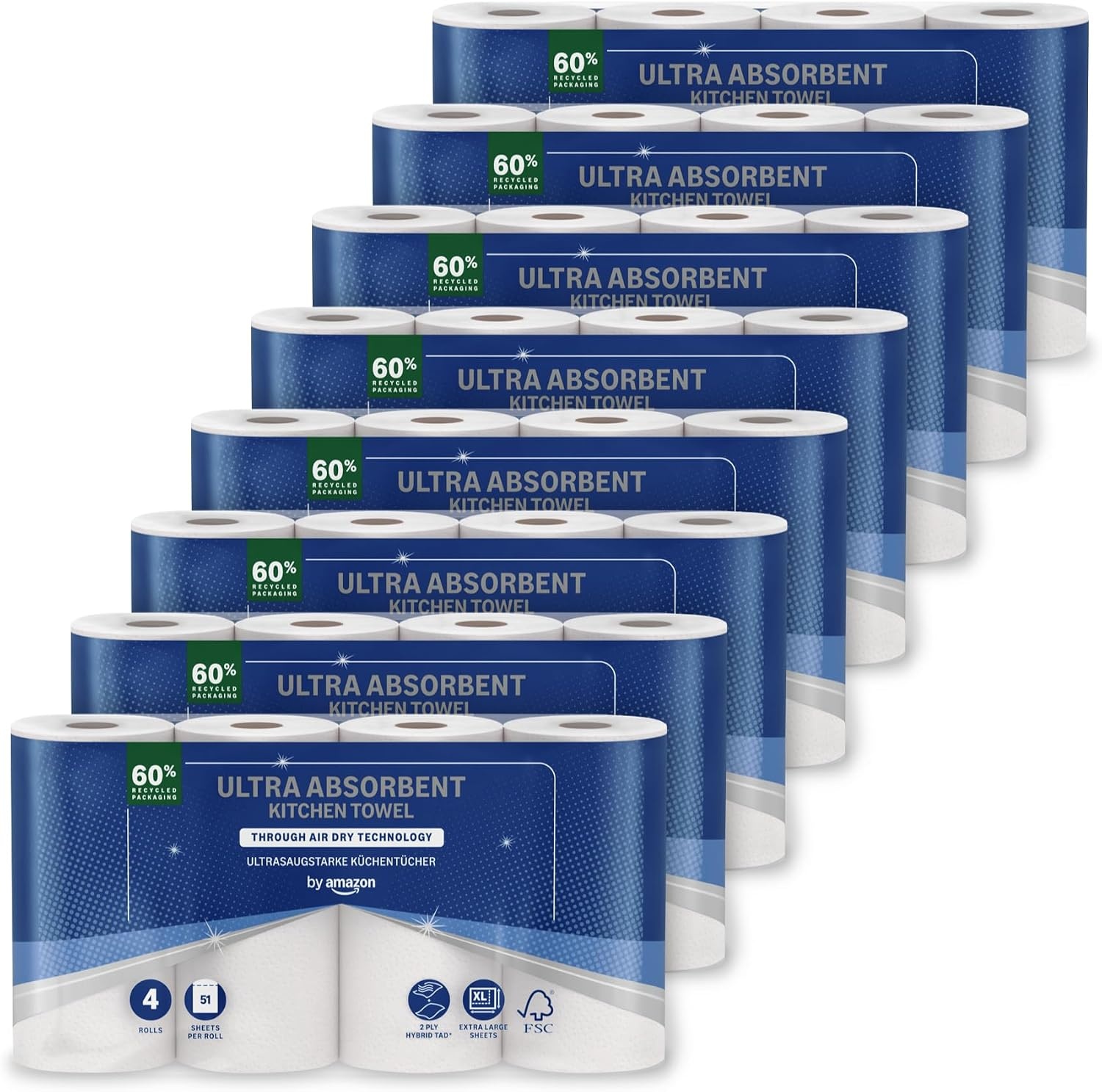 by Amazon Ultra Absorbent TAD Kitchen Roll, 32 Rolls (8 Packs of 4), 51 Sheets Per Roll, FSC Certified (Previously "Presto!") - Maat 32 Rolls (Pack of 8)