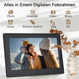 TSITSC 10.5 Inch Digital Photo Frame, 1280 x 720 IPS Screen, Electronic Picture Frame, Calendar/Clock Function/Music/Photo/Video Player with Remote Control, Supports USB/SD Card (Black)