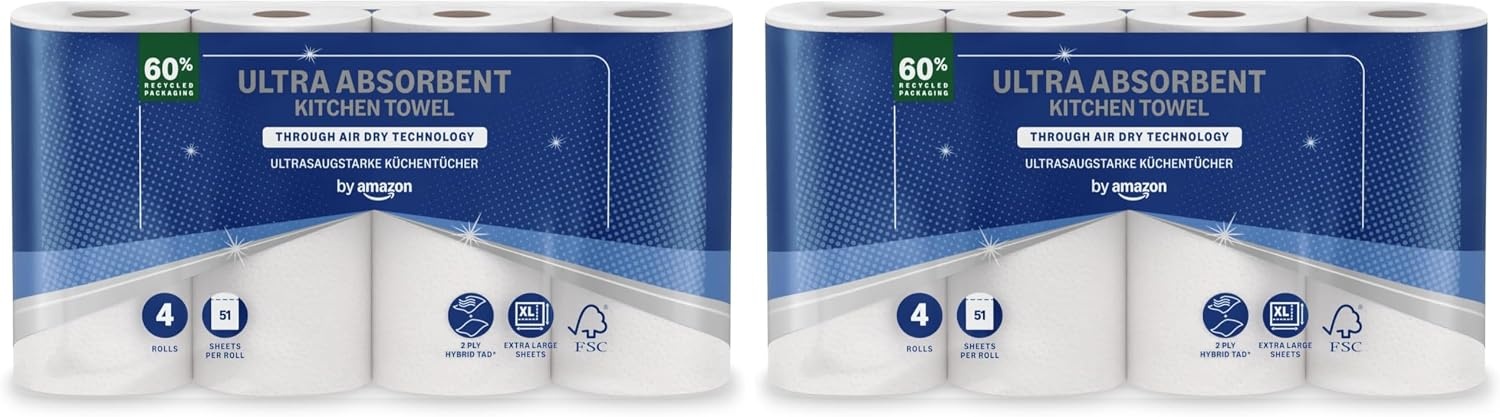 by Amazon Ultra Absorbent TAD Kitchen Roll, 32 Rolls (8 Packs of 4), 51 Sheets Per Roll, FSC Certified (Previously "Presto!") - Maat 32 Rolls (Pack of 8)