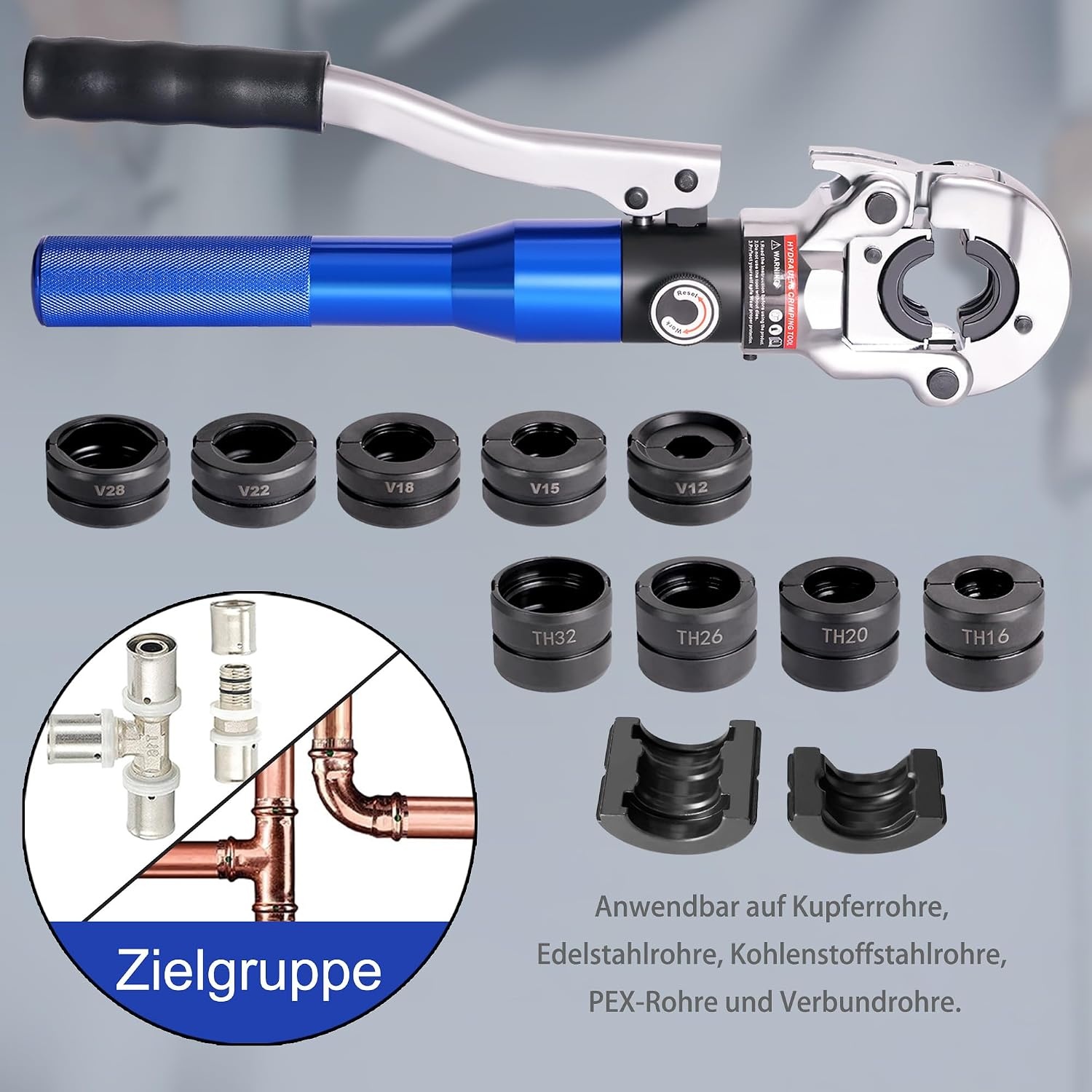 AMZCNC Hydraulische Krimptang Ø12-28mm Koper Pijp Crimper Loodgieters Krimpgereedschap voor Koper Pijp Pers met 5st Koper 12,15,18,22,28mm en 4st PEX-AL-PEX 16,20,26,32mm