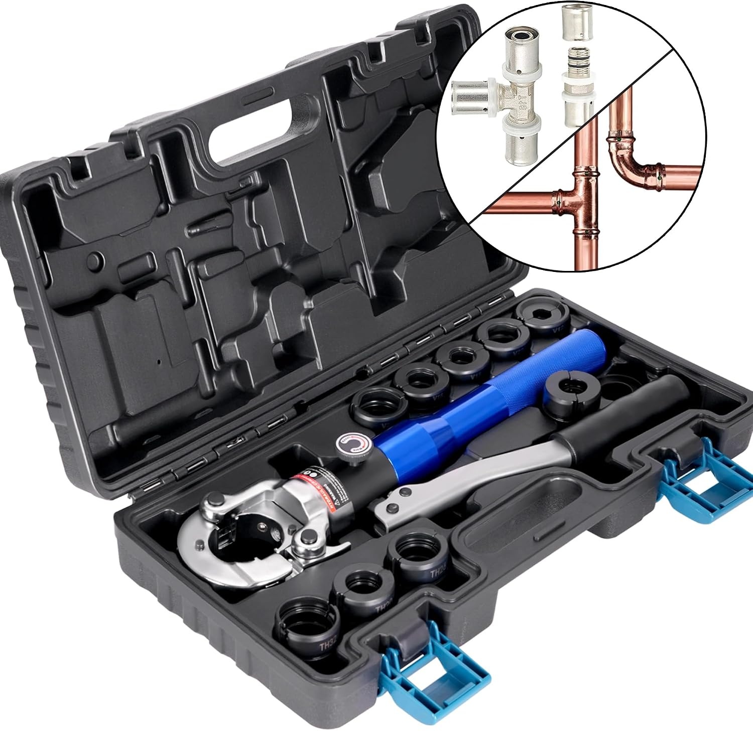 AMZCNC Hydraulische Krimptang Ø12-28mm Koper Pijp Crimper Loodgieters Krimpgereedschap voor Koper Pijp Pers met 5st Koper 12,15,18,22,28mm en 4st PEX-AL-PEX 16,20,26,32mm