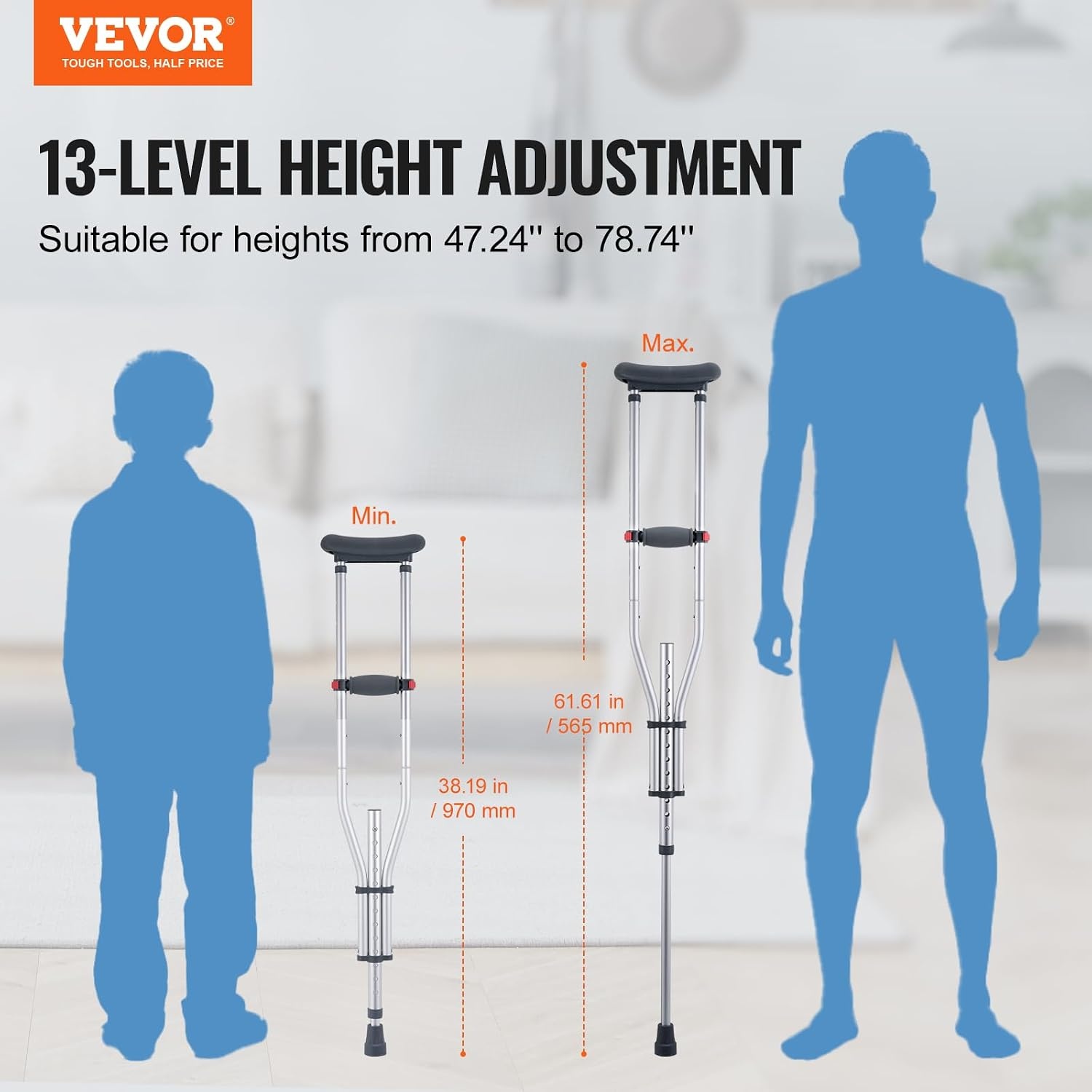 VEVOR Onderarmkrukken, 13 niveaus in hoogte verstelbare onderarm wandelkrukken, lichtgewicht aluminium krukken voor volwassenen en tieners - met zachte onderarmkussen voor beenletsel, chirurgie