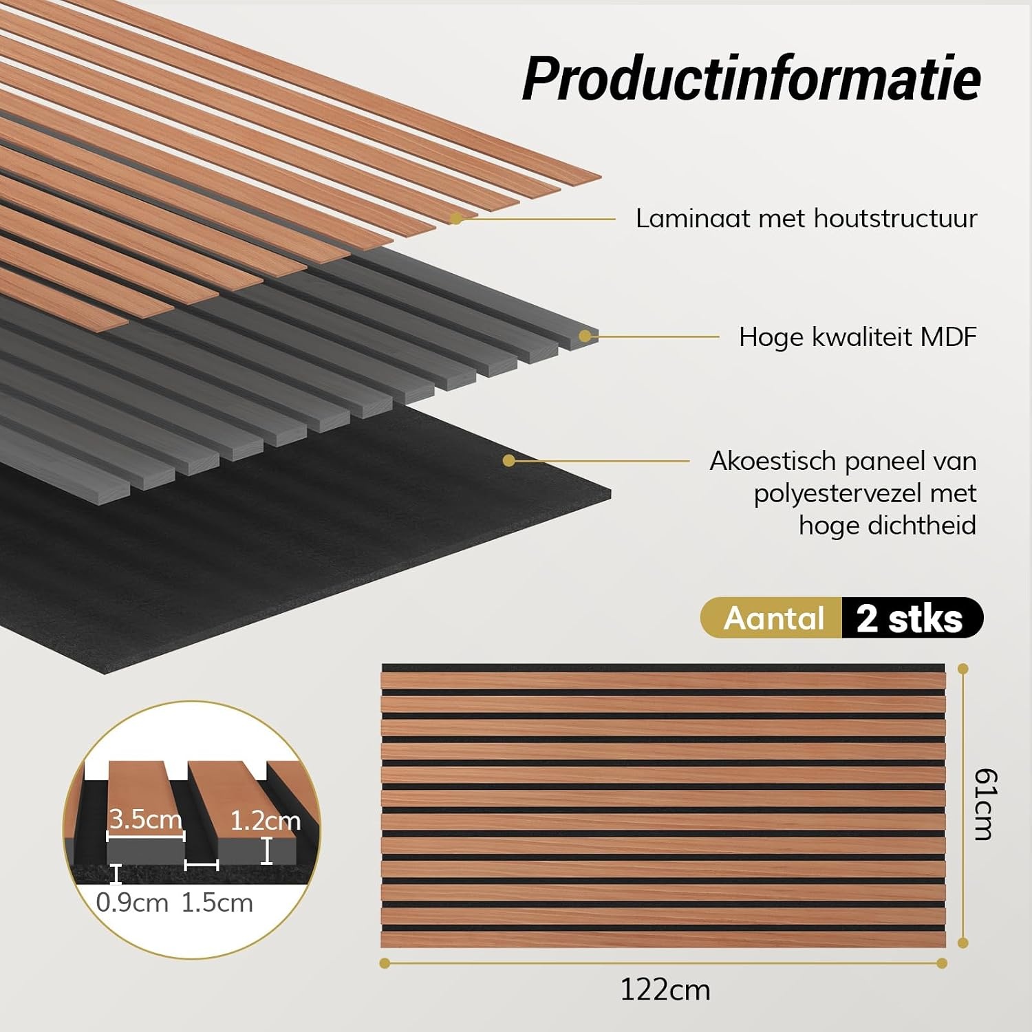 TONOR 2 Stks Houten Geluiddichte Panelen, 120 x 60 cm, 3D Decoratief Akoestisch Paneel, Geluidsisolator, Lamellenpanelen aan de Wand voor Woonkamer, Studio, Opnameruimte, Rozenhout Oranje