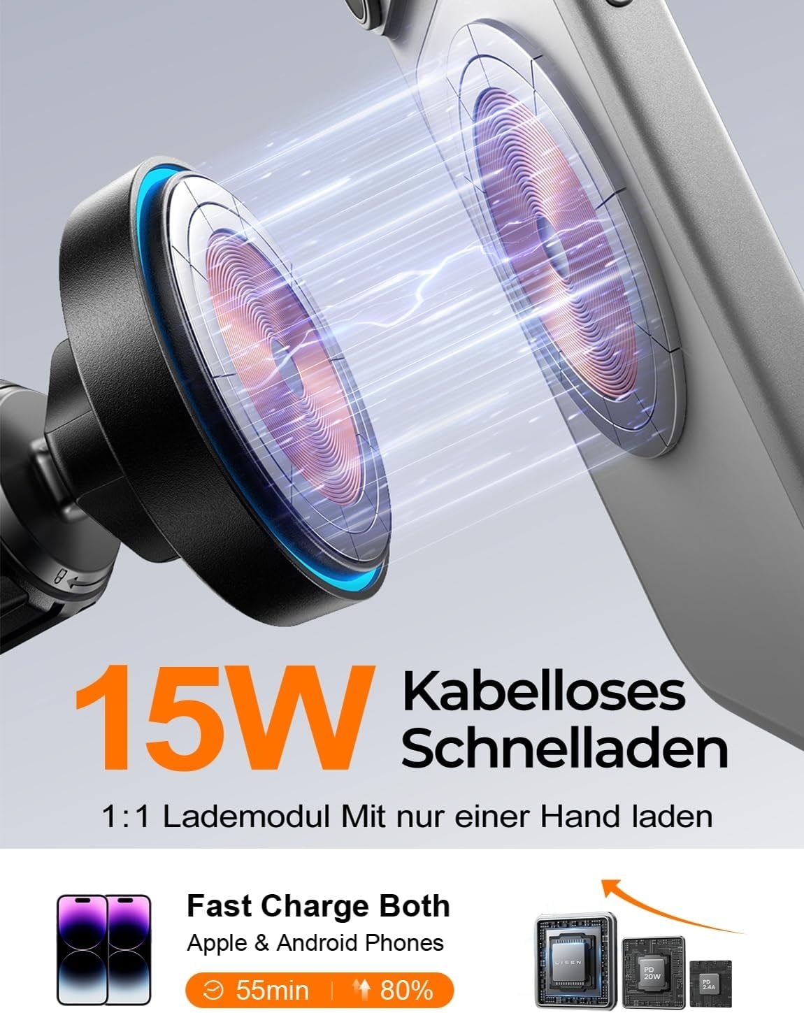 LISEN Magsafe Car Mount 15 W Telefoonhouder Auto met Inductieve Snellaadfunctie, Car Phone Holder compatibel met MagSafe Fast Wireless Charger voor iPhone 15 14 13/iPad/Samsung/Xiaomi