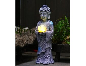 Grijze Staande Boeddha met Zonne-LED Lotus - 37 cm - 29% Korting