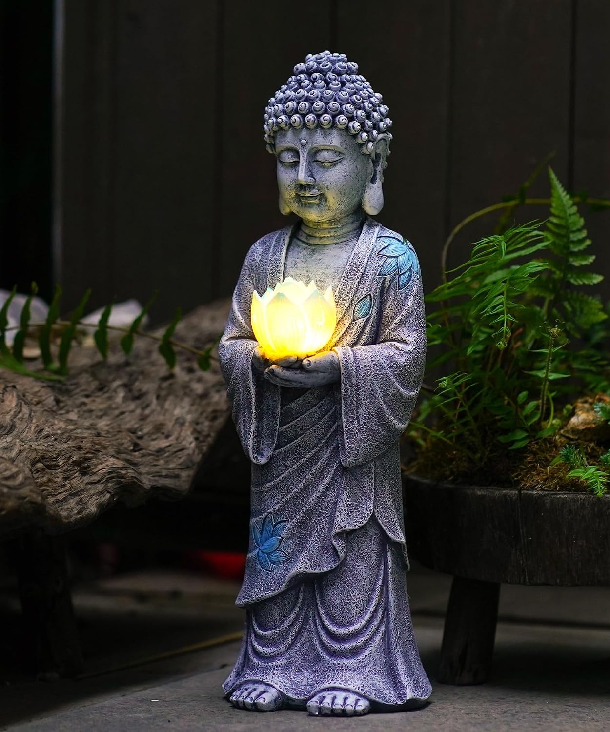 Grijze Staande Boeddha met Zonne-LED Lotus - 37 cm - 29% Korting