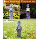 Grijze Staande Boeddha met Zonne-LED Lotus - 37 cm - 29% Korting