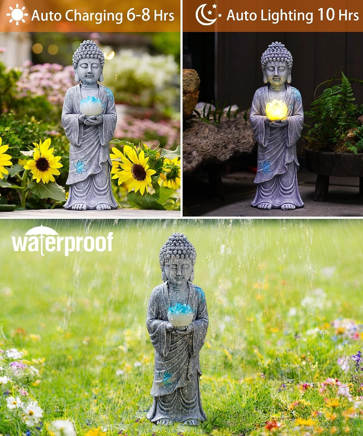 Grijze Staande Boeddha met Zonne-LED Lotus - 37 cm - 29% Korting