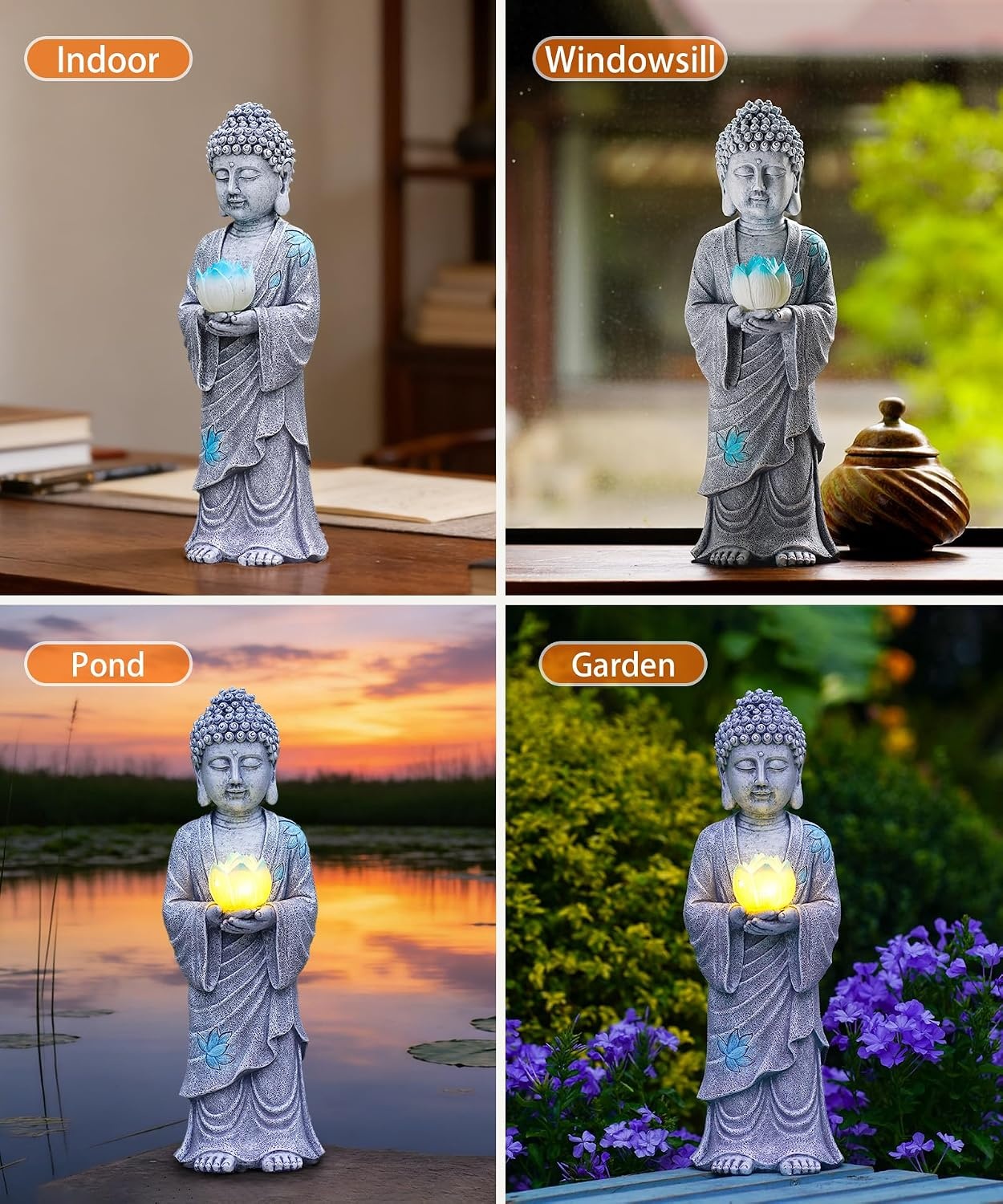 Grijze Staande Boeddha met Zonne-LED Lotus - 37 cm - 29% Korting