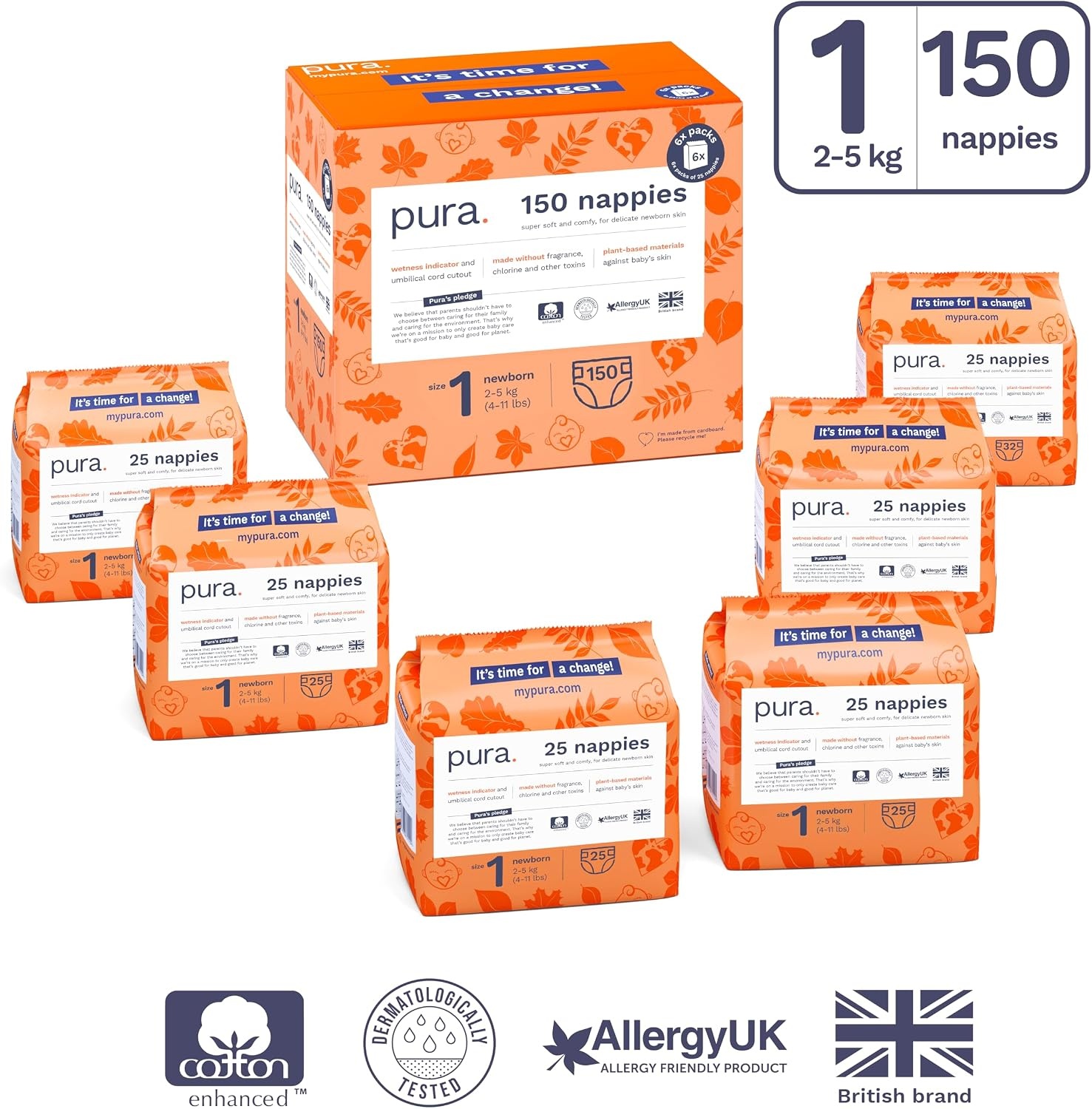 Pura Eco Babyluiers Maat 1 (2-5kg) - 150 stuks met 33% Korting