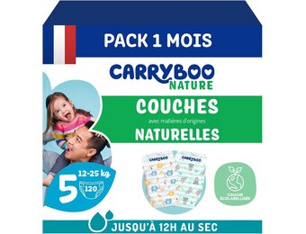 Carryboo - Luiers maat 5 12-25 kg - Ecologische babyluiers - Natuurlijke babyverzorging, hypoallergeen, geurvrij en lekvrij - Gemaakt in Frankrijk - 120 wegwerpluiers - 1 maand