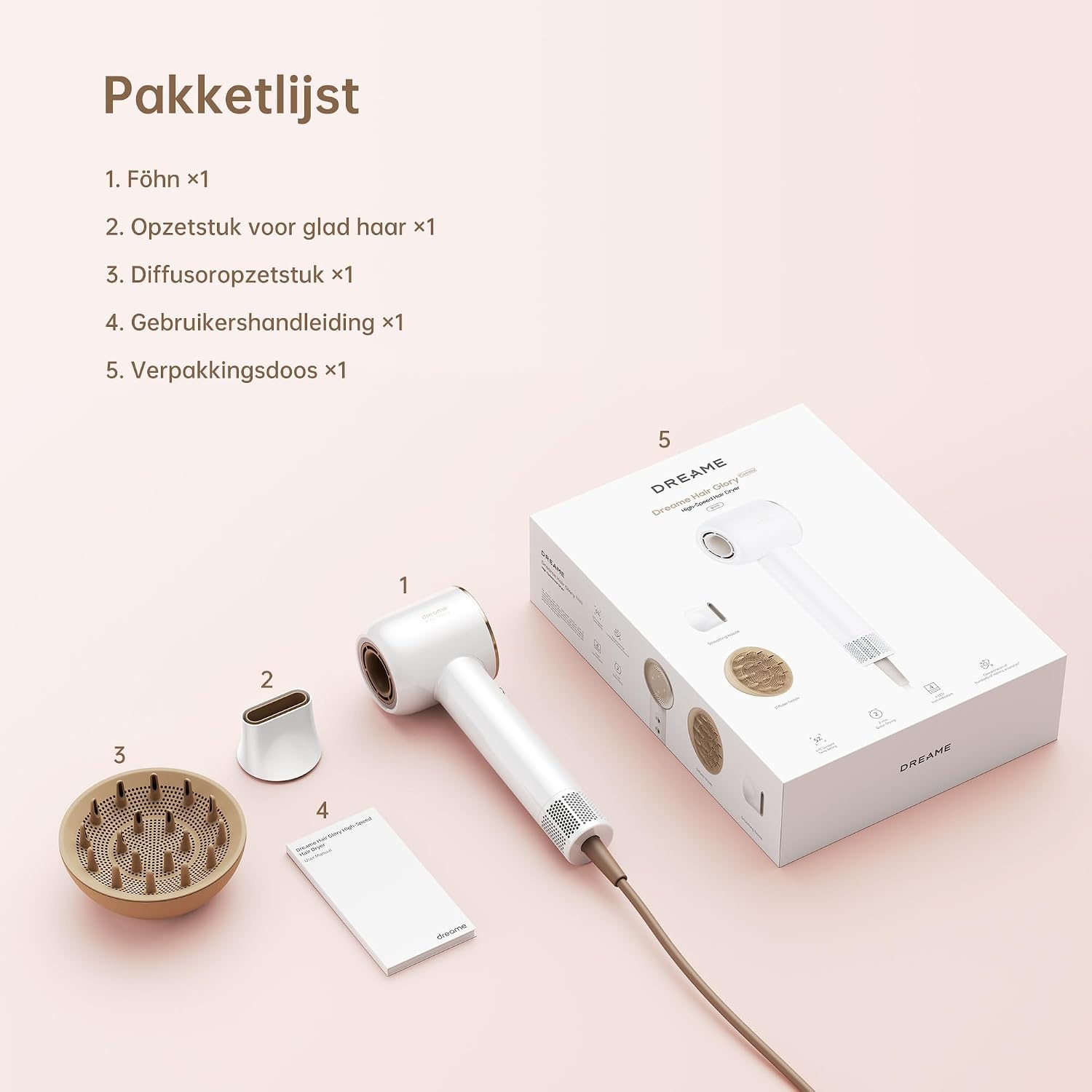 Dreame Hair Glory Combo haardroger, Sneldrogend, 110.000 RPM High-Speed Motor, 70m/s Luchtstroomsnelheid, Krachtige Negatieve Ionen Technologie, Lichtgewicht, Temperatuur- en Luchtsnelheidsregeling