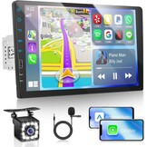 Single Din Car Radio with Carplay & Android Auto, 9 inch Touch Screen Stereo with EQ, Bluetooth, FM Radio,1080P, SWC+Mic+Reverse Camera
