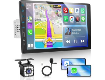 Single Din Car Radio with Carplay & Android Auto, 9 inch Touch Screen Stereo with EQ, Bluetooth, FM Radio,1080P, SWC+Mic+Reverse Camera