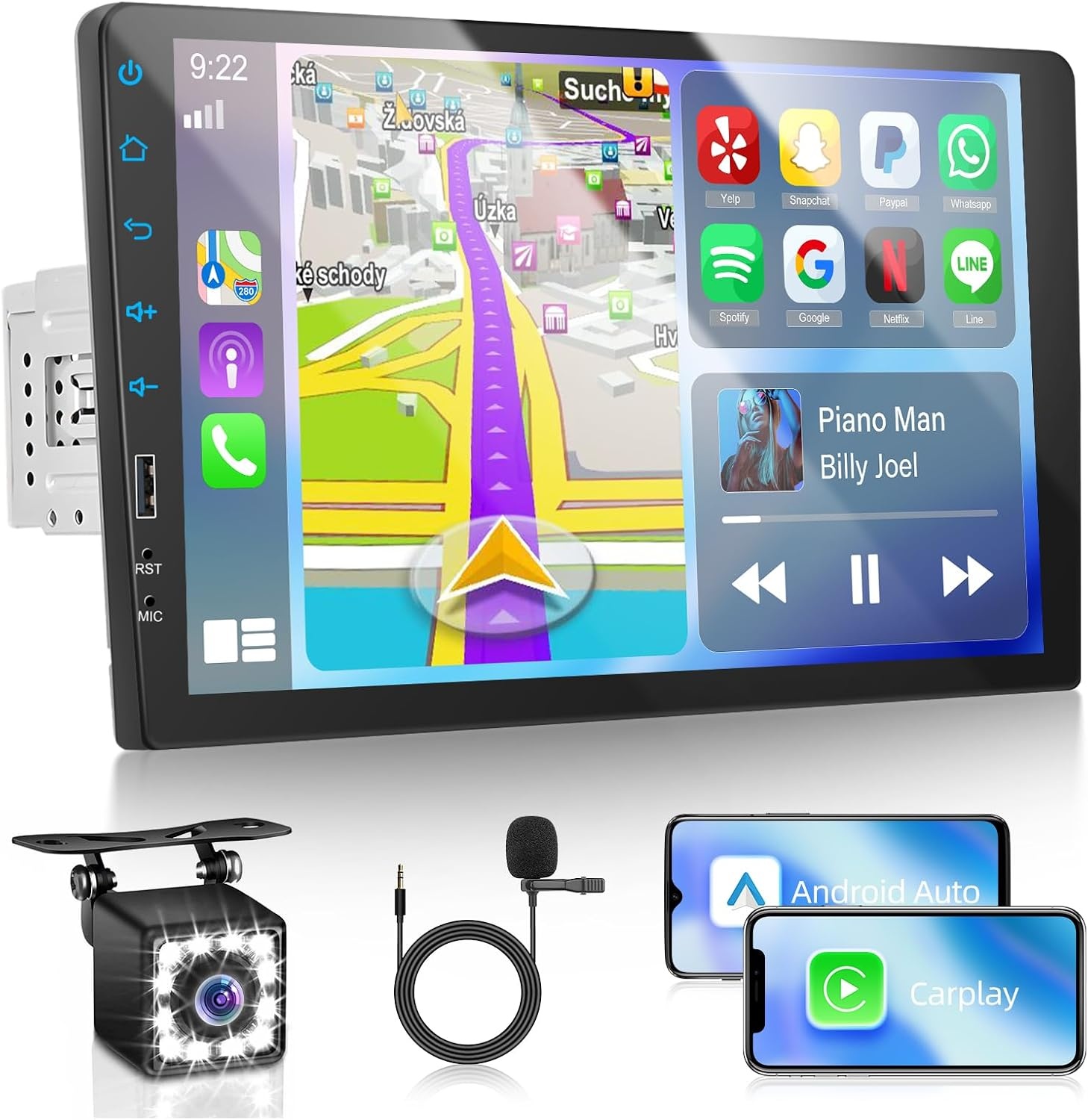 Single Din Car Radio with Carplay & Android Auto, 9 inch Touch Screen Stereo with EQ, Bluetooth, FM Radio,1080P, SWC+Mic+Reverse Camera