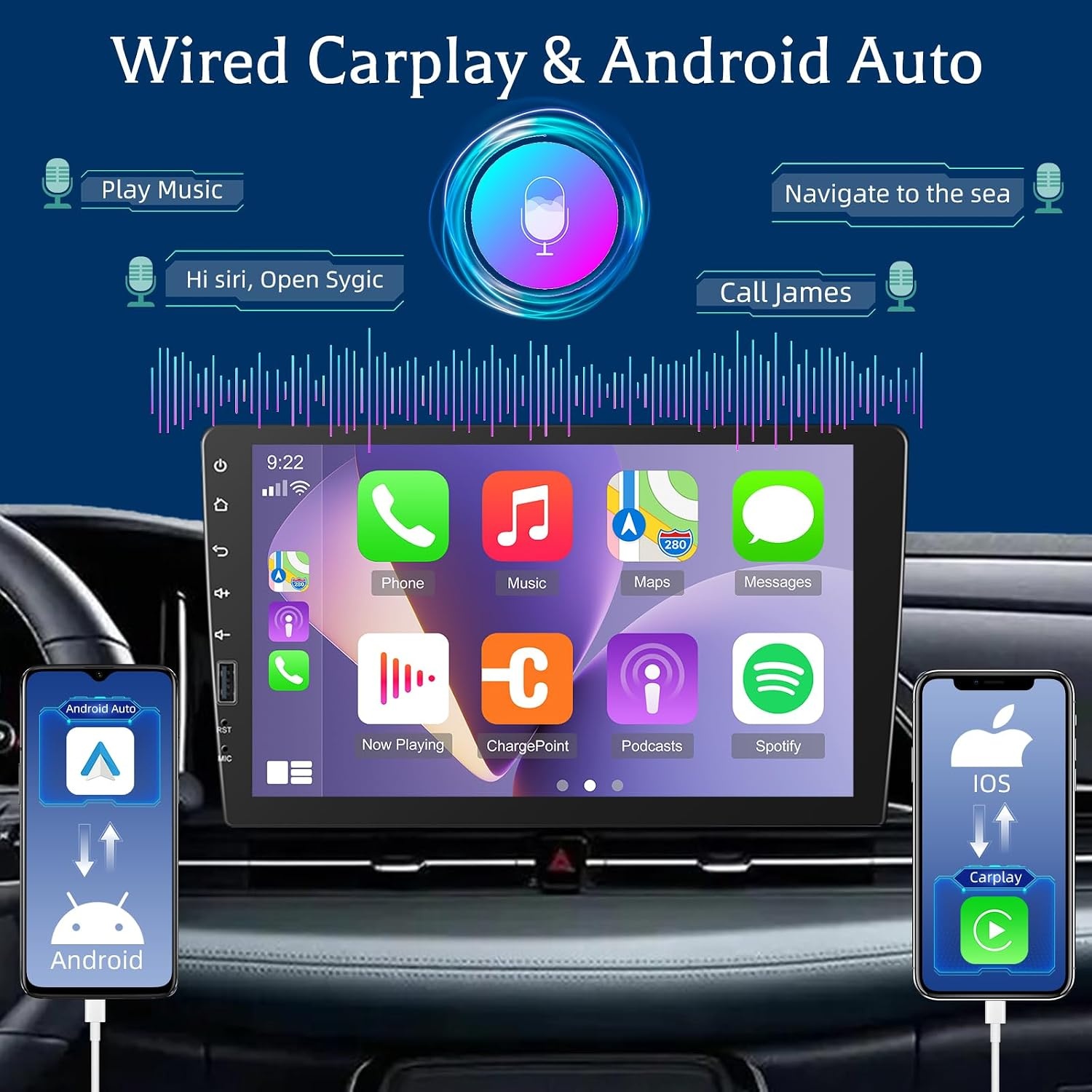 Single Din Car Radio with Carplay & Android Auto, 9 inch Touch Screen Stereo with EQ, Bluetooth, FM Radio,1080P, SWC+Mic+Reverse Camera