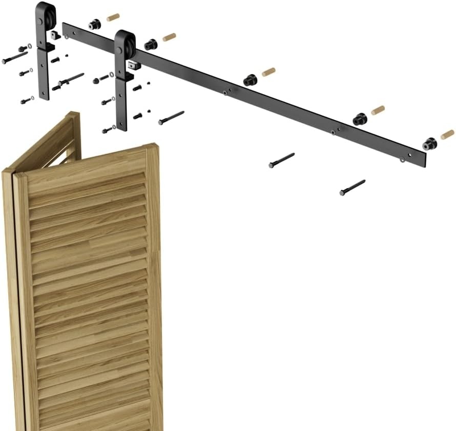 Bifold Schuifdeurbeslag voor 2 Houten Deuren - 76 cm Rail - Zwart Staal - 41% Korting