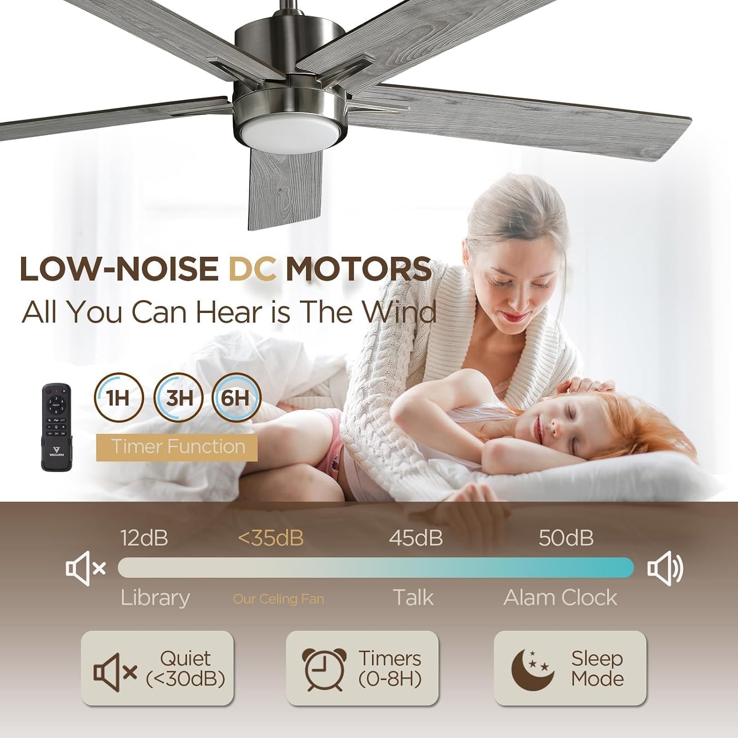 Plafondventilator met stil licht, 132 cm, led-plafondventilator met afstandsbediening en omkeerbare DC-motor, omkeerbaar, voor slaapkamer, zomer, winter, 3 bladen, grijs