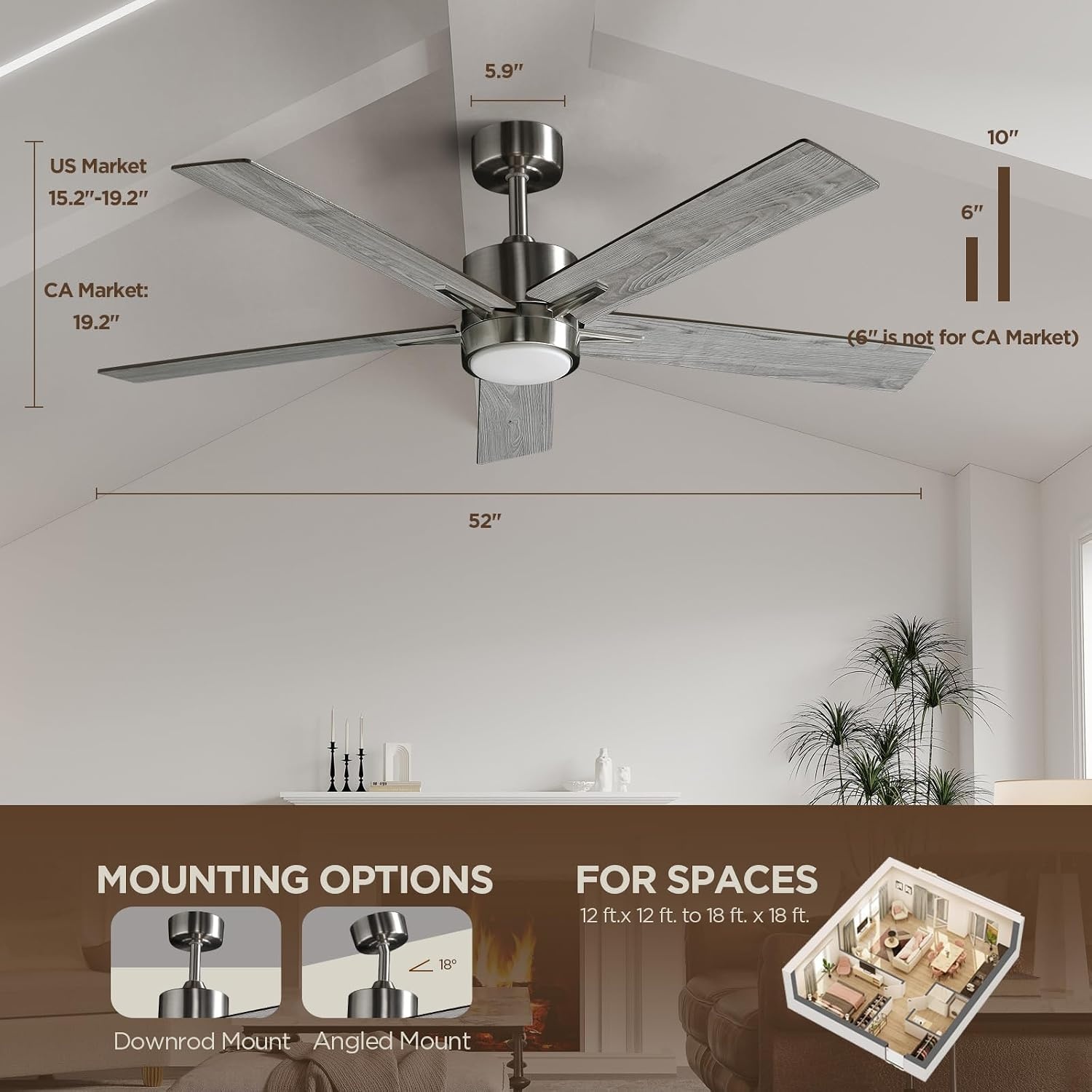 Plafondventilator met stil licht, 132 cm, led-plafondventilator met afstandsbediening en omkeerbare DC-motor, omkeerbaar, voor slaapkamer, zomer, winter, 3 bladen, grijs
